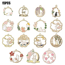 (52) Непрозрачная лаванда 15 шт 15 стили подвески из сплава эмали, золотой свет, без кадмия, без никеля и без свинца, разнообразные, разноцветные, 20.5~33x22~30x1.5~3 мм, отверстие : 1.4~2 мм, 1 шт / стиль