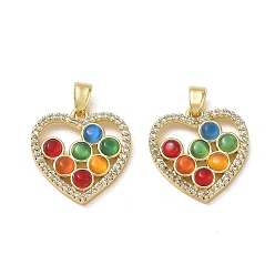 Colorful Brass Micro Pave Clear Cubic Zirconia & Cat Eye Pendants, Heart Charms, Cadmium Free & Lead Free, Golden, Colorful, 18x17x3mm, Hole: 5x3mm