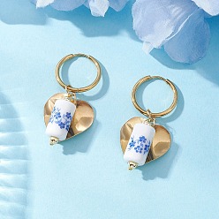 Золотой Колонна с сердцем 316 и 202 серьги-кольца из нержавеющей стали, с фарфоровыми бусинами и латунными бусинами, золотые, 47 мм