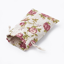 Old Lace Polycotton(Polyester Cotton) Packing Pouches Drawstring Bags, with Printed Flower, Old Lace, 14x10cm