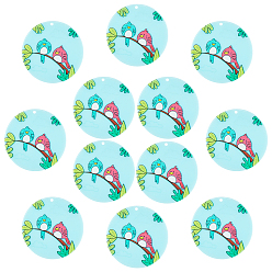 Light Sky Blue Acrylic Pendants, Birds Printed, Flat Round, Light Sky Blue, 40x2.5mm, Hole: 1.8mm, 12pcs/box
