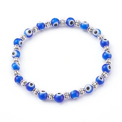 Blue Handmade Round Evil Eye Lampwork Beaded Stretch Bracelets, with Alloy Spacer Beads, Antique Silver, Blue, Inner Diameter: 2 inch(5.2cm)