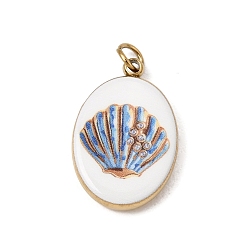 Cornflower Blue Printed 304 Stainless Steel Pendants, Oval with Shell Shape Charms, Ion Plating(IP), Long-Lasting Plated, Golden, Cornflower Blue, 18x12x3mm, Hole: 2.5mm