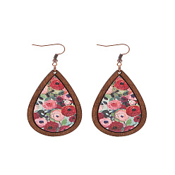 Красный Деревянные болтаться серьги, Красная медь, слезинка с узором, Красная медь, красные, 80x36 мм