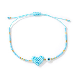 Светло-Голубой Браслеты из бисера и плетеного бисера., плетеные браслеты из полиэфирного шнура для женщин, сердце и сглаз, Небесно-голубой, 11.02 дюйм (28 см)