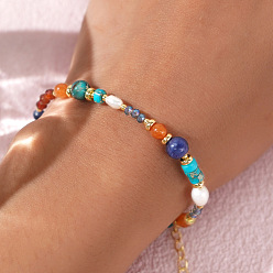 Разноцветный Браслет из латуни со стеклянными бусинами для женщин, с бирюзой, красочный, 6.50 дюйм (16.5 см) ~ 6.69 дюйм (17 см)