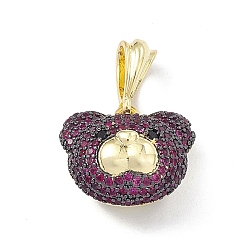 Фиолетовый Латунные микро проложить кубического циркония подвески, без кадмия и без свинца, подвески на голову медведя, золотые, фиолетовые, 16.5x18.5x11 мм, отверстие : 6.5x3 мм
