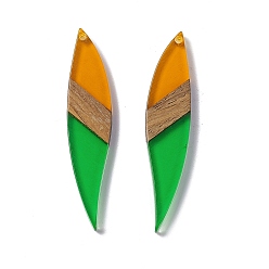 Зеленый лайм Большие подвески из прозрачной смолы и орехового дерева, лист прелести, зеленый лайм, 53x11.5x3 мм, отверстие : 1.8 мм