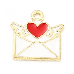 White Alloy Enamel Pendants, Light Gold, Envelope with Heart & Wing Charm, White, 15x15x1mm, Hole: 1.4mm