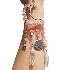 Вишневый Кварц Обернутые проволокой кусочки кварцевого стекла вишневого цвета и металлические подвесные украшения в форме луны, Ловец солнца с грибами и стеклянной кисточкой для украшения оконного сада, 250 мм