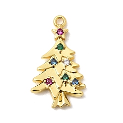 Рождественская елка Рождественские латунные подвески с микропаве из фианита, стойки покрытие, долговечный, без кадмия и без свинца, реальный 18 k позолоченный, рождественская елка, 20.5x12x3 мм, отверстие : 1.2 мм