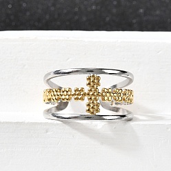 Позолоченный и Цвет Нержавейки 304 регулируемые открытые манжеты из нержавеющей стали, крестик, ионное покрытие (ip), настоящее золото и нержавеющая сталь, 12 мм, размер США 9 (18.9 мм)