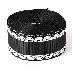 Black Polyester Printed Grosgrain Ribbon, Single Face Lace Pattern, for DIY Handmade Craft, Gift Decoration , Black, 1-1/2 inch(38mm), 10 yards/roll(9.14m/roll)