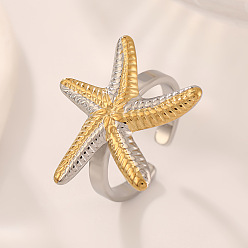 Морская звезда Регулируемые 201 манжеты из нержавеющей стали с открытыми кольцами для женщин, золотые и нержавеющая сталь цвет, морская звезда, 21x25 мм, регулируемый