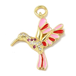 Camellia Brass Micro Pave Cubic Zirconia Pendants, with Enamel and Jump Ring, Golden, Lead Free & Cadmium Free & Nickel Free, Birds, Camellia, 27x24x3mm