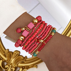 Светло-Вишневый 8шт 8 стили набор браслетов из стеклянных бусинок, составной браслет для женщин, со сплавом, светло-вишневый, 2-3/8 дюйм (6 см)