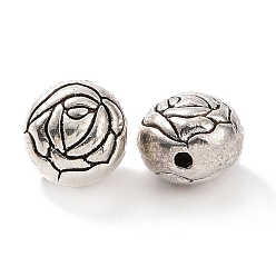 Antique Silver Tibetan Style Alloy Beads, Rondelle with Flower, Antique Silver, 7.5x6.5mm, Hole: 1.4mm, about 775pcs/1000g
