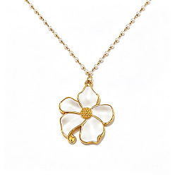 Flower 304 Stainless Steel Enamel White Pendant Imitation Pearl Beaded Chain Necklaces for Women, Golden, Flower, 15.75~17.72 inch(40~45cm), Pendant: 42mm