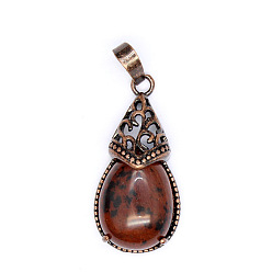 Красный Обсидиан Ретро полые подвески из натурального красного дерева и обсидиана, подвески в форме капли с металлической фурнитурой из красной меди, 31x15 мм