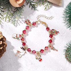 Красный Рождественские браслеты с подвесками из эмали из сплава, браслеты из гальванического стекла рондель из бисера для женщин, с цинковым сплавом застежками омаров коготь, красные, 7-1/4~7-3/8 дюйм (18.5~18.8 см)