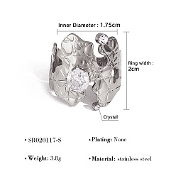 Stainless Steel Color 304 Stainless Steel & Clear Cubic Zirconia Cuff Open Rings, Nuggets, Stainless Steel Color, US Size 7 1/4(17.5mm)