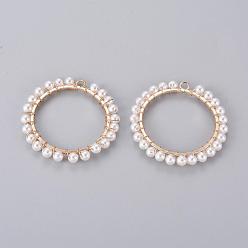 Light Gold Rack Plating Iron Pendants, with Plastic Imitation Pearl Beads, Ring/Circle, Light Gold, 39.5x40x4mm, Hole: 2.5mm