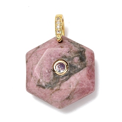 Родонит Ограненные подвески из натурального родонита, шестиугольные подвески с латунными микропаве из прозрачных кубических цирконий в качестве застежек., золотые, 28.5x25.5x8 мм, отверстие : 6.5x4 мм