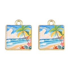 Colorful Printed Alloy Pendants, Square with Sandbeach & Coconut Tree Charms, Golden, Rack Plating, Colorful, 18x15x5mm, Hole: 1.8mm