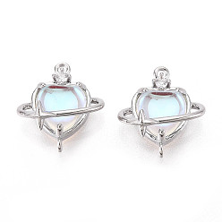 Платинированный Подвески-сердечки в виде планеты из кубического циркония из прозрачного латунного стекла с подвесками-звездочками, без кадмия, без никеля и без свинца, с четким кубического циркония, Реальная платина, 15.5x14x7~7.5 мм, отверстие : 1~1.2 мм