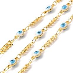 Sky Blue Handmade Enamel Evil Eye Link Chains, Real 18K Gold Plated Brass Hollow Rectangle Link Chains, Soldered, with Spool, Cadmium Free & Lead Free, Sky Blue, Rectangle: 9.5x3.5x1mm, Evil Eye: 9x4.5x3mm