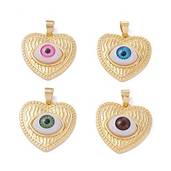 Mixed Color Brass Pendants, with Resin Cabochons, Long-Lasting Plated, Heart with Evil Eye, Real 18K Gold Plated, Mixed Color, 25x25x7mm, Hole: 5x3.5mm