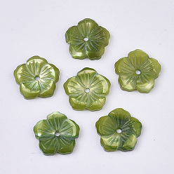 Olive Terne Coquille de nacre blanche naturelle, teint, fleur, vert olive, 12.5x12.5x2.5mm, Trou: 1.2mm