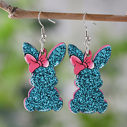 Темный Голубой Пасхальные деревянные серьги-подвески, кролик с бантом, платина, темные голубые, 70x20 мм