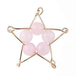 Rose Quartz Natural Rose Quartz Pendants, with Golden Plated Iron Eye Pin, Star, 29x29x6.5mm, Hole: 1mm