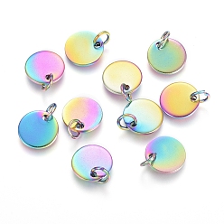 Rainbow Color Ионное покрытие (ip) 304 брелоки из нержавеющей стали, штамповка пустой метки, с прыжковых колец, плоско-круглые, Радуга цветов, 10x1 мм, отверстие : 3.5 мм