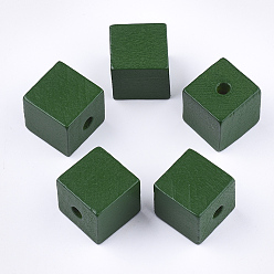 Grün Bemalte natürliche Holzperlen, Viereck, grün, 14~15x14~15x14.5~15 mm, Bohrung: 3.5 mm