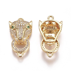 Золотой Соединители из латуни с микропаве и кубическим цирконием, леопард головы, прозрачные, золотые, 29x14.6x6.5 мм, отверстие : 1.6 мм