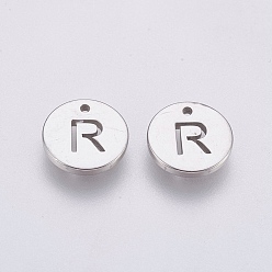 Letter R Не тускнеющие 304 подвески из нержавеющей стали, плоские круглые с буквы, цвет нержавеющей стали, буква r, 10x1 мм, отверстие : 1 мм