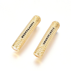 Golden Brass Micro Pave Cubic Zirconia Beads, Long-Lasting Plated, Tube Beads, Black, Golden, 30x6mm, Hole: 4mm