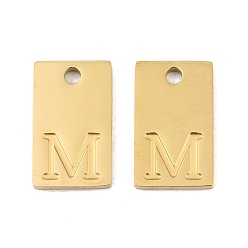 Letter M 304 Stainless Steel Pendants, Rectangle with Letter Charms, Real 18K Gold Plated, Ion Plating(IP), Letter M, 16x10x1.4mm, Hole: 1.8mm