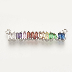 Platinum Brass Micro Pave Cubic Zirconia Pendants, Cadmium Free & Lead Free, Rectangle, Colorful, Platinum, 35x8x3mm, Hole: 1.4mm