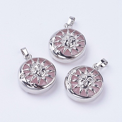 Розовый Кварц Природного розового кварца подвески, с латунной фурнитурой , плоские круглые с солнцем, платина, 28x24x9~10 мм, отверстие : 5x7 мм