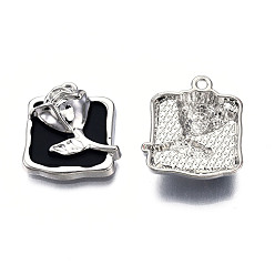 Black Rack Plating Alloy Enamel Pendants, Cadmium Free & Lead Free, Platinum, Rectangle with Rose, Black, 21.5x19x6mm, Hole: 1.6mm