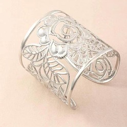 Серебро Полые браслеты-манжеты из сплава для женщин, роза, серебряные, внутренний диаметр: 2-3/8 дюйм (6 см)