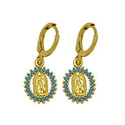 Oval Brass Micro Pave Cubic Zirconia Leverback Dangle Earrings, Golden, Oval with Virgin Mary, 30mm