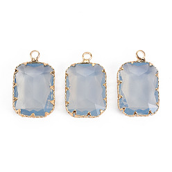Hellstahlblau Transparente Glas-Anhänger, mit Messingstiften, facettiert, Rechteck, Licht Gold, hellstahlblau, 24x14x6 mm, Bohrung: 1.6 mm