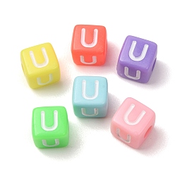 Couleur Mélangete Perles européennes opaques acrylique, Perles avec un grand trou   , cube avec la lettre u, couleur mixte, 10x9x9~9.5mm, Trou: 4mm, environ580 pcs / 500 g