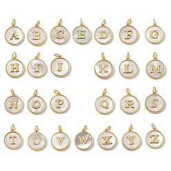 Настоящее золото 18K Латунная подвеска в форме натуральной ракушки с гладкими круглыми бусинами в форме букв A~Z, долговечный, без свинца и без кадмия, стойки покрытие, цвет морской раковины, реальный 18 k позолоченный, 15x13x2 мм, отверстие : 3 мм