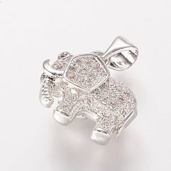 Платина Латунные микро проложить кубического циркония подвески, Слон прелести, платина, 12.5x14x7.5 мм, отверстие : 3x5 мм