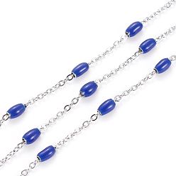 Синий 304 кабельные цепи из нержавеющей стали, с эмалевыми овальными бусинами, пайки, с катушкой, Плоско-овальные, цвет нержавеющей стали, синие, 5x2.5 мм, ссылка: 2x1.6x0.3 mm, около 32.8 футов (10 м) / рулон